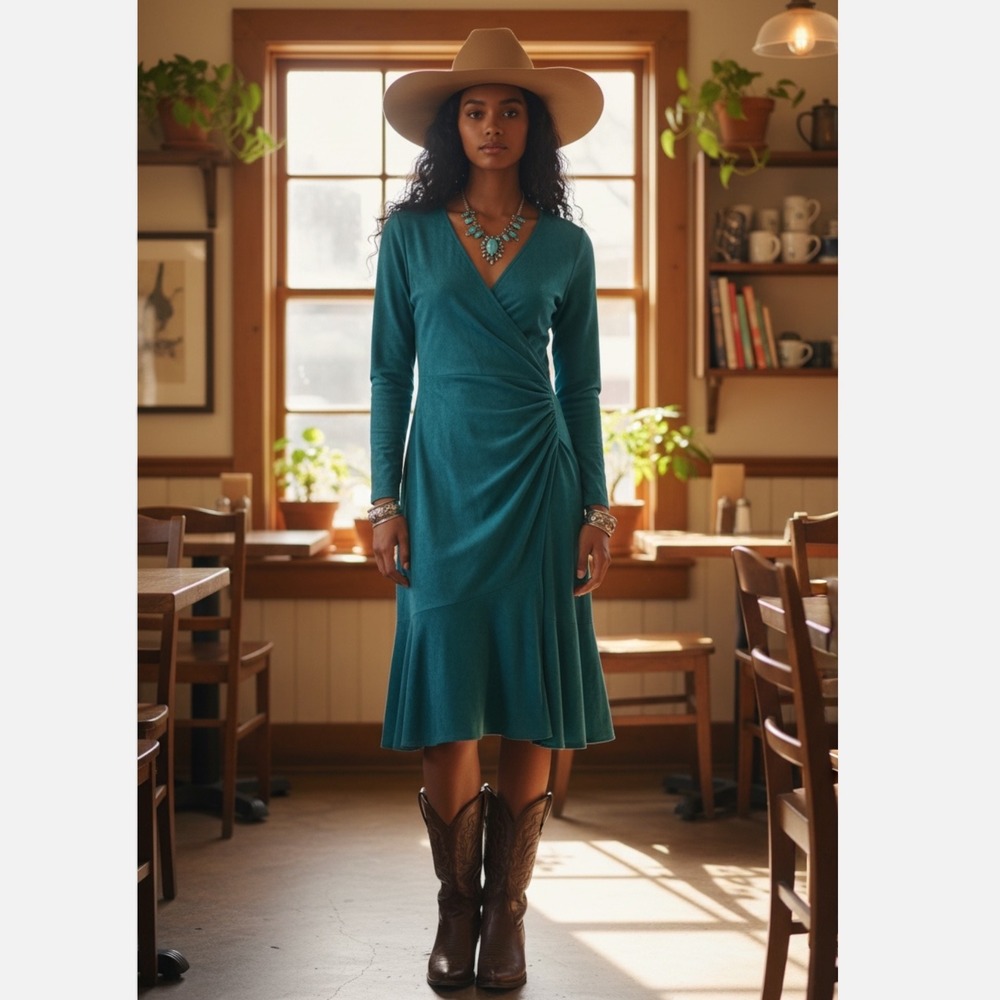 Vakko green sueded wrap front vintage dress 12 retro soft